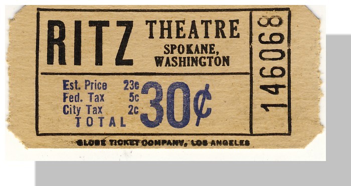 Vintage Ritz Theatre Ticket, 30 Cents, Spokane, Washington/W - $2.00