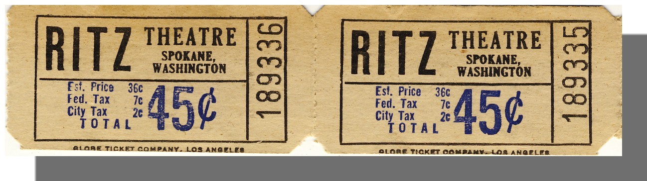 Ritz Theatre Tickets/Pair/45 Cents,Spokane, Washington/WA, 1 - $3.00