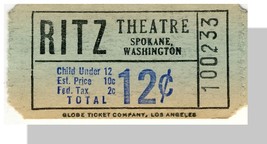 Vintage Ritz Theatre Ticket, Spokane, Washington/WA, 1950&#39;s? - $2.00
