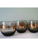 3)Mid-Century Mad Men RolyPoly LowBall Bar Glass Ancient Gold Coins-Roma... - £19.68 GBP