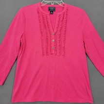 Chaps Womens Shirt Size M Pink Polka-Dot Petite Ruffle V-Neck Classic 3/4 Sleeve - £8.40 GBP