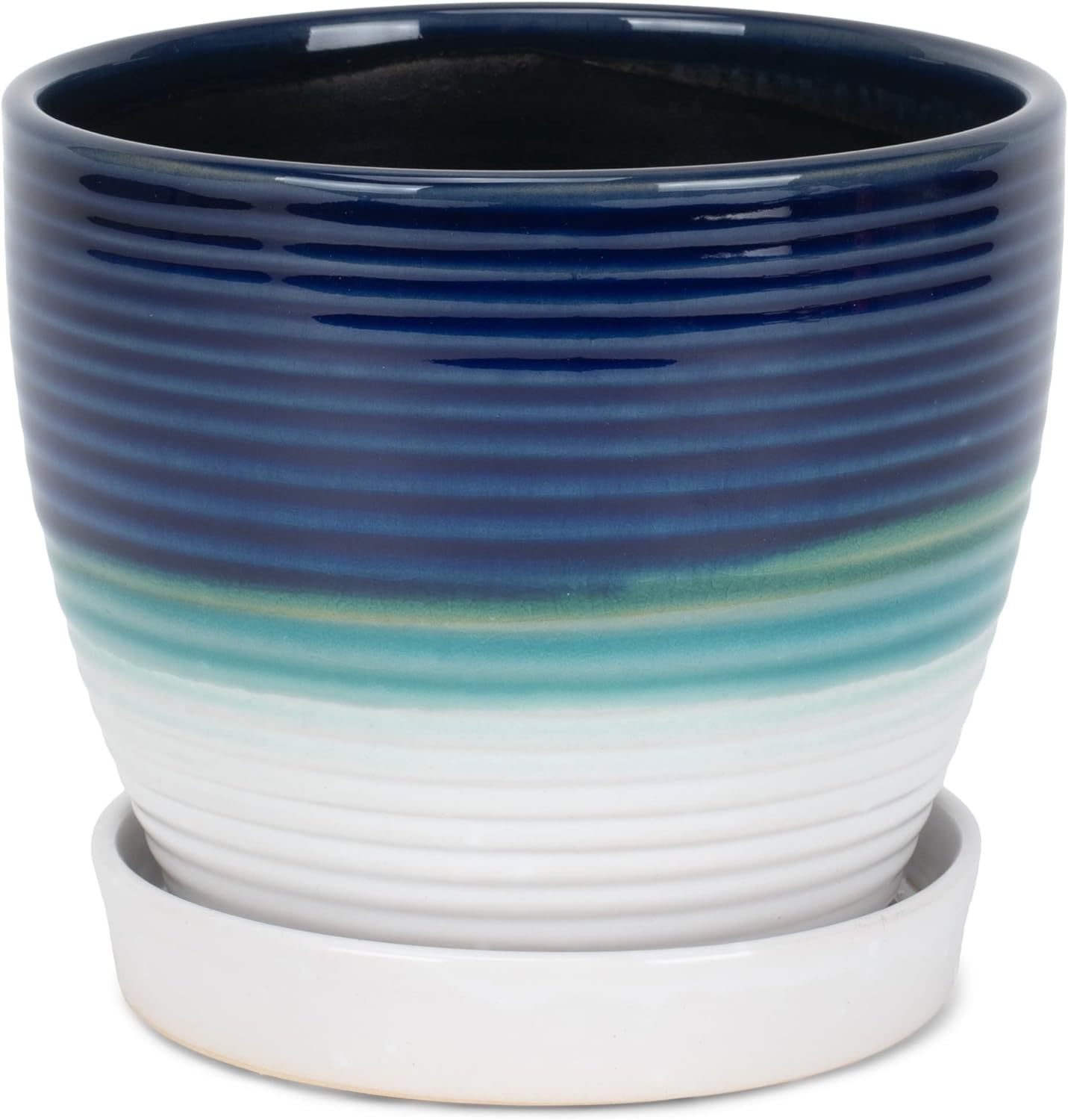 Blue, Green, And White Napco Tri-Color Ribbed 4 1/2 Inch Ceramic Flower Pot - $38.99
