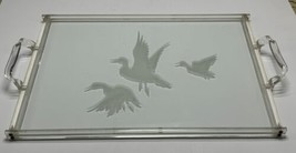 Vtg Antique Frosted Glass Flying Ducks Vanity Dresser Tray Retro Bakelite Handle - £10.82 GBP