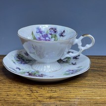 Vintage Del Mar Japan Painted Pedestal Teacup Saucer Violets Lusterware 24k - $27.75