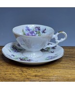 Vintage Del Mar Japan Painted Pedestal Teacup Saucer Violets Lusterware 24k - $27.75