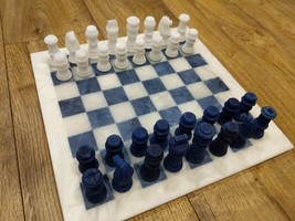 15&quot; Marble Alabaster Blue &amp; White Chess Board Set with Elegance Chess Pieces - £356.87 GBP