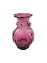Vintage Swirl Pilgrim Cranberry Ruffled Rigaree Collar Blown Art Glass Vase - $29.65