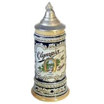 Olympia Beer Tumwater Stein Horse Shoe 9 1/2" Tall Ceramarte Brazil Pewter Lid - $23.33