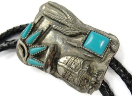 Silver Plated Turquoise Corded Bolo Neck Tie Buckle Maker&#39;s Mark? - £31.84 GBP