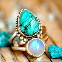 Boho Style Ring Inlaid Turquoise And Spherical Moonstone Match Size 11 - £15.38 GBP