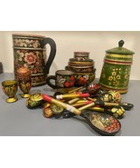 Vintage Russian USSR Hand Painted Lacquered Bowls Spoons Service Pieces USA - €100,11 EUR