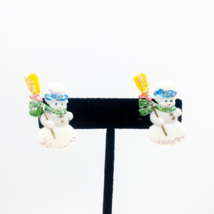 Plastic Snowman Earrings Pierced Glitter Broom Green Scarf 1-1/4&quot; - £1.60 GBP