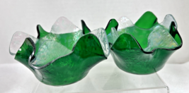 Handmade Emerald Green &amp; Frosted Art Glass Bowls Handkerchief Ruffled To... - $39.11