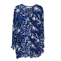 Sejour Shirt 16W Tie Neck LS Floral Tunic Navy Blue White Pockets Stretch New - £23.18 GBP