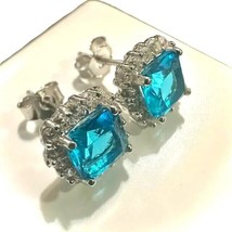 3Ct Simulated Blue Topaz Halo Princess Cut Womens Earrings 14K White Gold Plated - £120.63 GBP