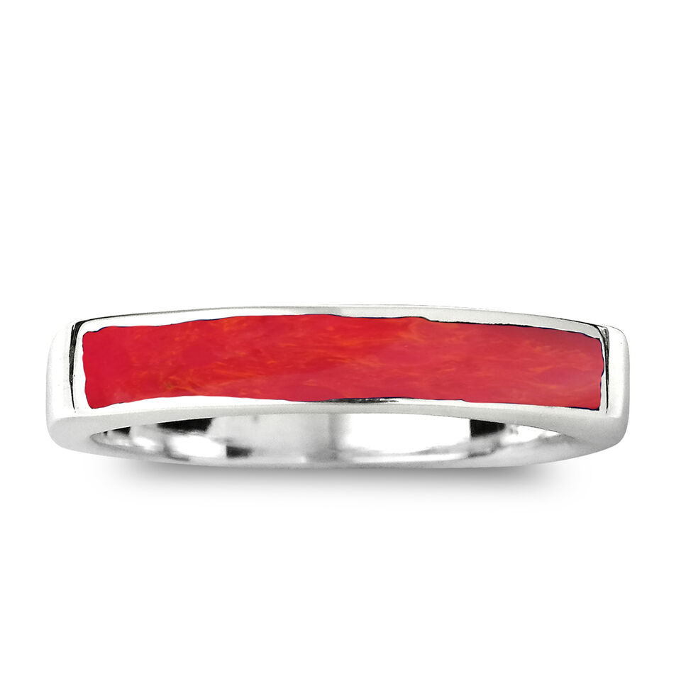 Primary image for Rectangular Bar Red Coral Stone Inlay Sterling Silver Ring-10