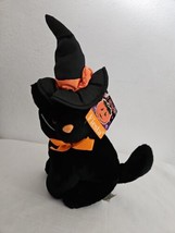 Fiesta Halloween Black Cat Plush Stuffed Animal White Hat Orange Bow Sitting - £18.60 GBP