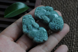 Free Shipping - one Pair Natural green jadeite jade carved two Pi Yao charm pend - £23.70 GBP