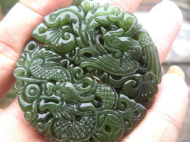 FREE SHIPPING Natural green jasper carved Dragon and Phoenix charm jade pendant - £32.07 GBP