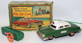 Vintage 50&#39;s Tin Bat Op Remote Controlled POLICE CAR by Sanyo Japan - £438.63 GBP