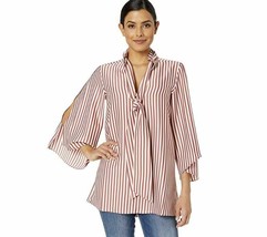 Kenneth Cole Womens L Rose Brown Striped Slit 3/4 Sleeve Scarf Tunic Top... - $31.18
