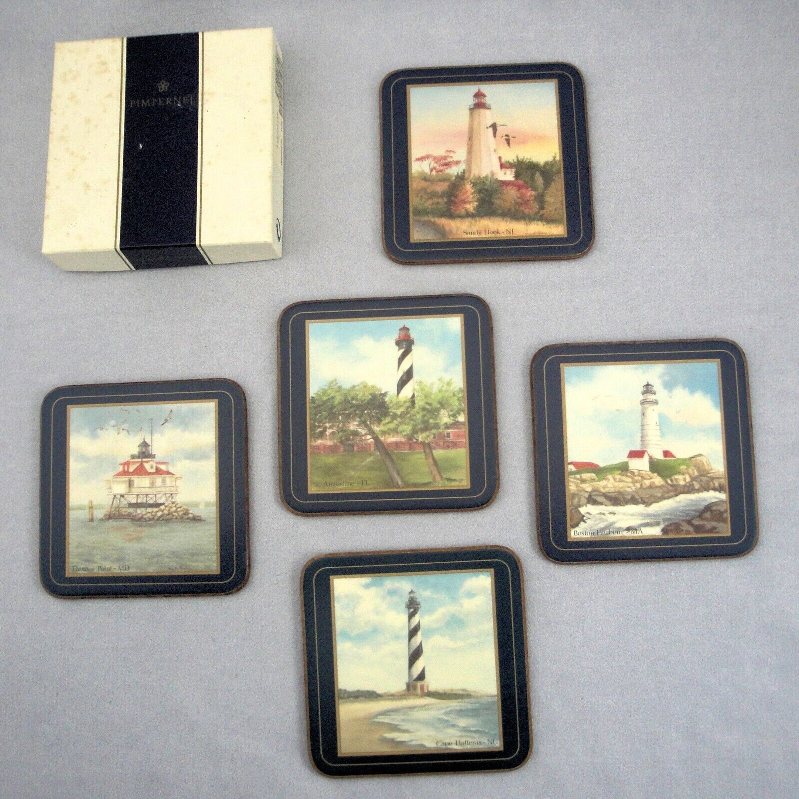 England Pimpernel American Lighthouses 5 Drink Coasters Cork Back 41/8" Square Coasters