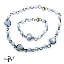 Vintage Blue Moonglow Bead Necklace &amp; Bracelet Set Metal Swirl Design - ... - £22.02 GBP