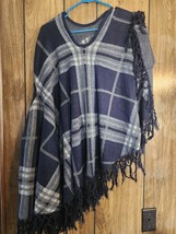 100% Acrylic Poncho Scarf Wrap Blue Grey Plaid-One Size Fits Most - £18.16 GBP