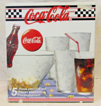 Vintage 1997 Coca Cola 5 Piece Popcorn Snack Set One Bowl Four Glasses  - £38.76 GBP