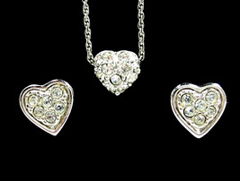 Rhinestone Set HEART NECKLACE &amp; Pierced Post EARRINGS Avon Silvertone Vi... - £18.30 GBP