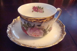 Unmarked German cup and saucer, transfer roses and gold RARE [91] - £35.48 GBP