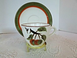 STANGL POTTERY TEACUP &amp; SAUCER ORCHARD SONG TRENTON NEW JERSEY BROWN GREEN - $185.30 MXN