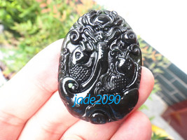 Free Shipping - Natural black jadeite jade carved Dragon , good luck Pen... - £15.94 GBP