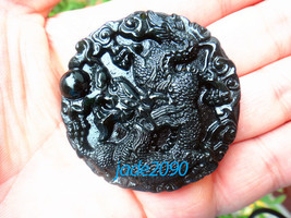 Free Shipping - Natural black jadeite jade carved Dragon , good luck Pendant  ch - £15.98 GBP