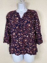 Gloria Vanderbilt Womens Size M Blue Floral V-neck Popover Blouse 3/4 Sl... - $7.59