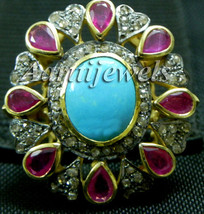 Victorian 1.27ct Rose Cut Diamond Ruby Turquoise Ring Christmas Holidays - £716.52 GBP