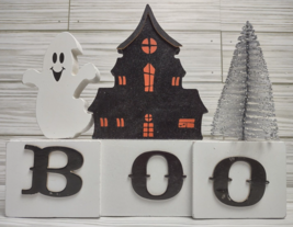 Ghost Boo Halloween Village Decor Wood Haunted House Tinsel Tree Decoration - £12.17 GBP