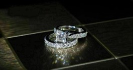 2.45Ct Simulated Princess Diamond Bridal Wedding 14k White Gold Plated Ring Set - £56.65 GBP