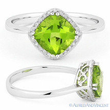 1.77ct Cushion Cut Green Peridot Diamond Halo Engagement Ring in 14k White Gold - £391.47 GBP