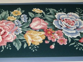 WALLPAPER BORDER Vibrant Flowers Floral Roses Tulips Blue Trim Dark Gree... - £11.85 GBP