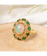 Natural Fire Opal Emerald Diamond Ring Art Deco Cluster Multi Stone Ring... - $180.00