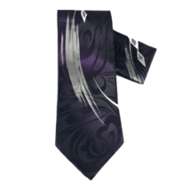 Hansom Men&#39;s Tie &amp; Hanky Set Purple Black Silver Swirl Pattern Polyester 4&quot; Wide - £15.97 GBP