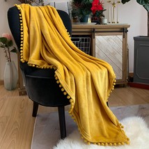Flannel Blanket With Pompom Fringe Lightweight Cozy Bed Blanket Soft Thr... - £31.45 GBP