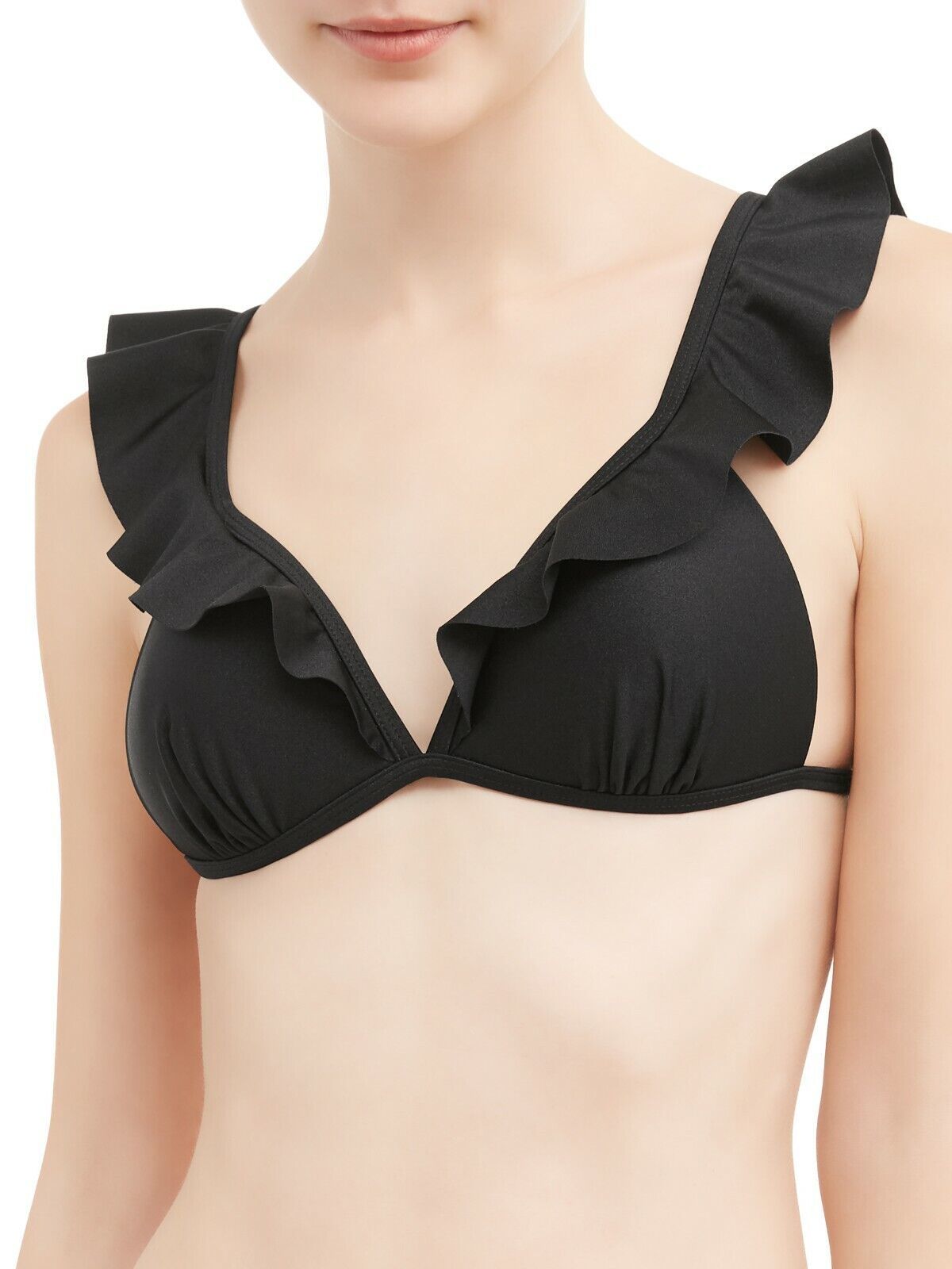 No Boundaries Juniors Swimsuit Top X-Large (15-17) Black Triangle Ruffle... - $10.98