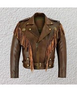 Handmade Men’s Distressed Leather Fringe Jacket – Handmade Vintage Motor... - $224.95