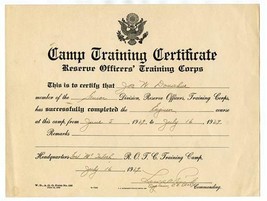 Camp Training Certificate Reserve Officer Training Corps 1929 Fort McInt... - £68.83 GBP