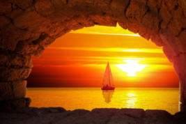 Sea cave view of sailboat sunset beach sunrise ceramic tile mural backsplash - £47.73 GBP+