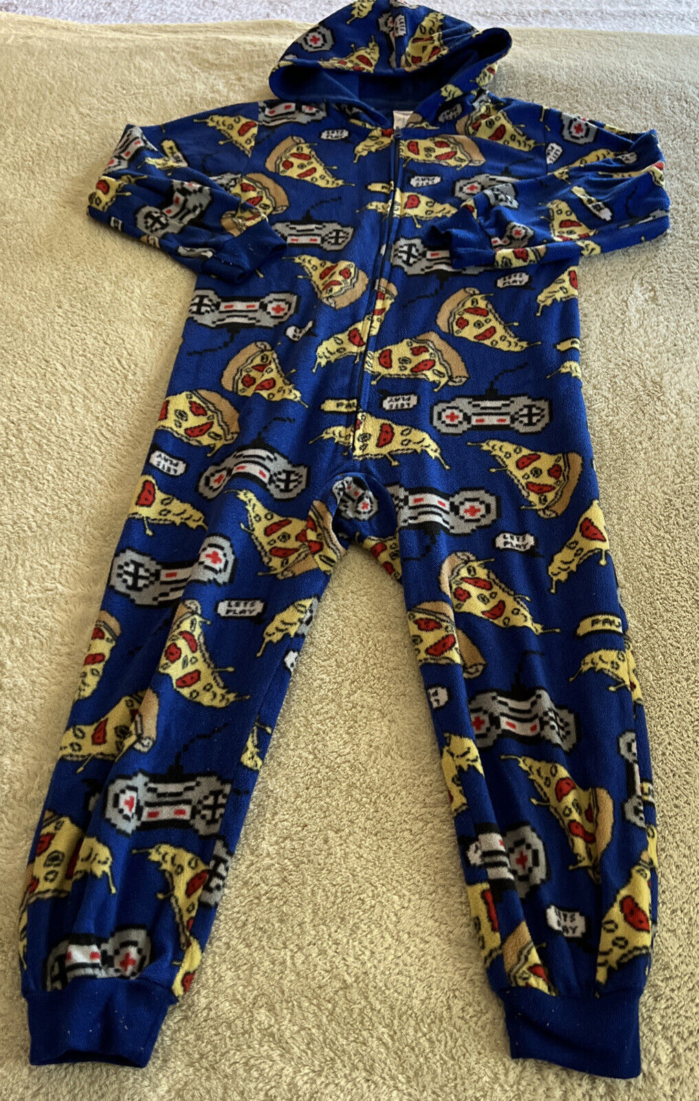 Childrens Place Boys Blue Yellow Pizza Video Games Hooded Fleece Pajamas 5-6 - $14.70