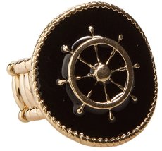 Nautical Black Circular Helm Charm Goldtone Stretch Ring (Black Helm) - £6.89 GBP