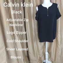 Calvin Klein Black Zip Logo Neckline Cold Shoulder Blouse Size M - $17.00